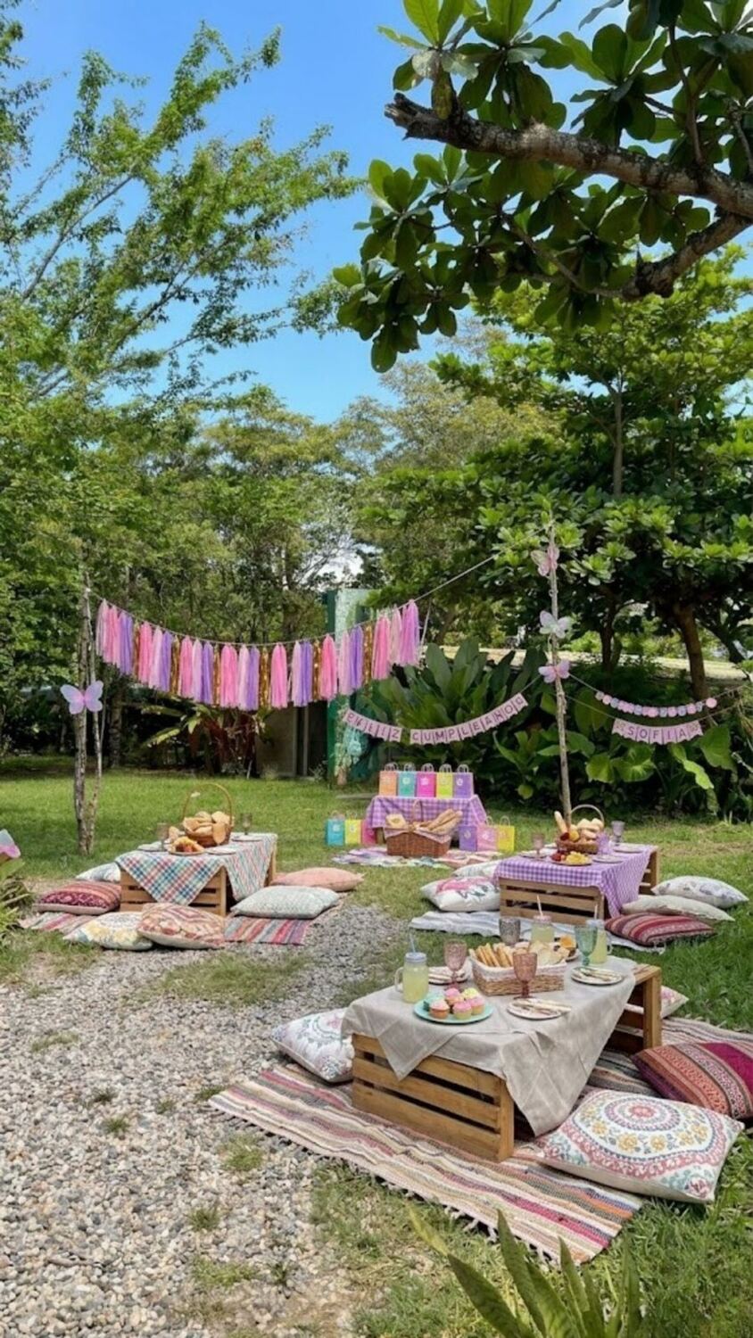 Picnic de cumpleaños decorado con guirnaldas rosadas de flecos, mariposas de papel, mesas bajas de huacal con manteles de colores y cojines sobre el césped, bajo los árboles.
