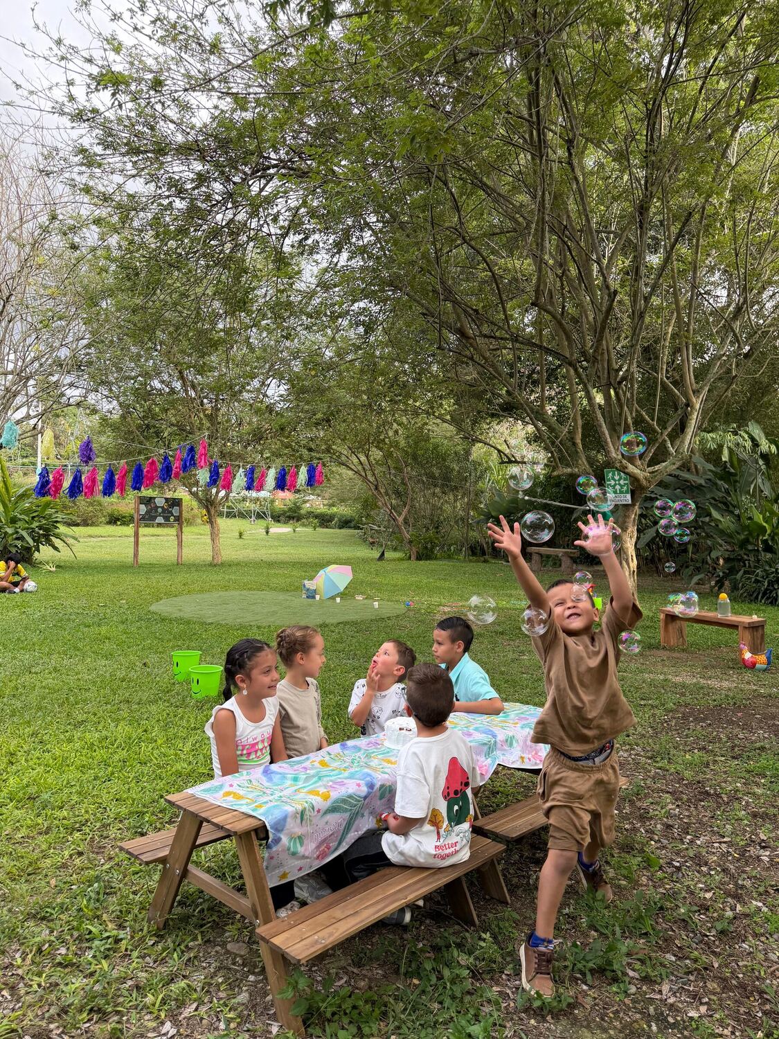 Niño saltando con los brazos en alto para atrapar burbujas de jabón, junto a cinco compañeros sentados en una mesa de picnic decorada sobre el césped.