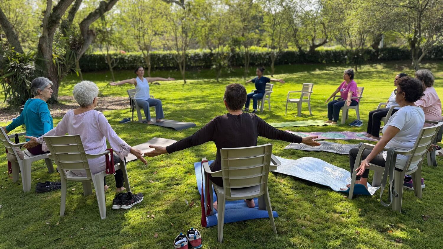 Círculo de personas mayores sentadas en sillas sobre el césped, abriendo los brazos durante una sesión guiada al aire libre, con colchonetas extendidas y árboles alrededor.