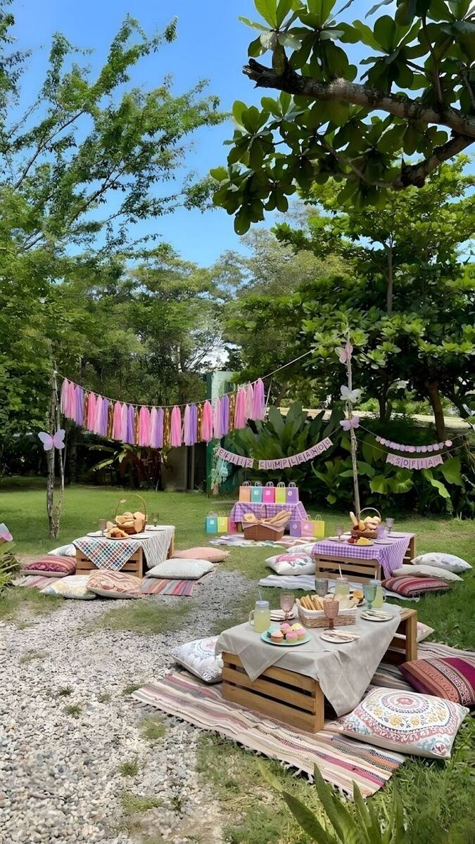 Vista amplia del picnic de cumpleaños: tres mesas bajas de huacal con manteles y cojines repartidas sobre el césped y la gravilla, bajo guirnaldas de flecos rosados.